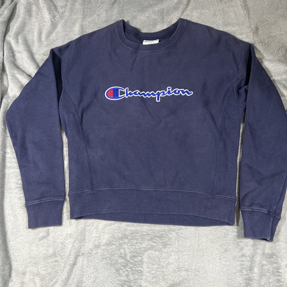 Champion Reverse Weave Crewneck Sweatshirt Small Navy Blue Script Logo Vintage